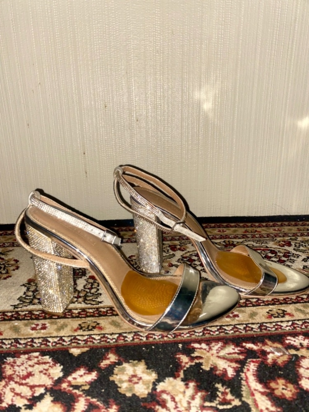 Silver Rhinestone Block Heel Sandals – Size 11W